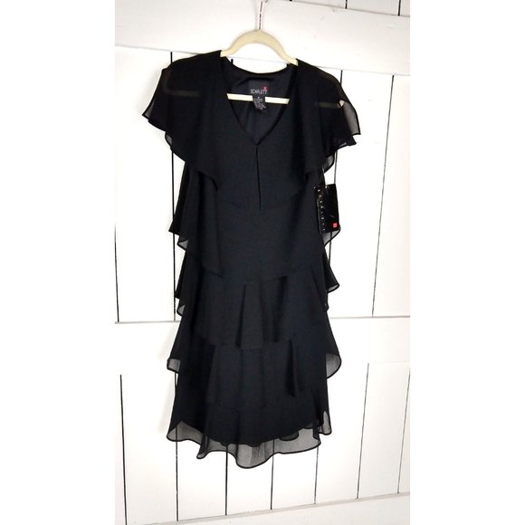 90s Scarlett black ruffle midi mid length pullover cocktail dress LBD 8 - Picture 2 of 4
